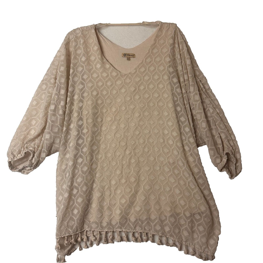 Democracy Womens XL Beige Clip Dot Tassel Hem V-Neck Blouse Balloon Sleeve Top